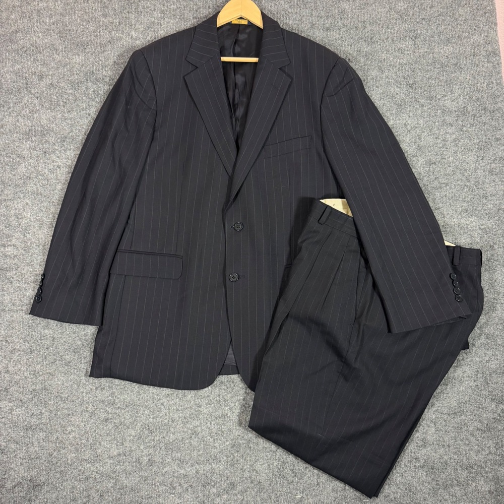 Brooks Brothers 346 Pinstripe Suit Mens 42R 32x31 Black Wool Stretch Pleated EUC